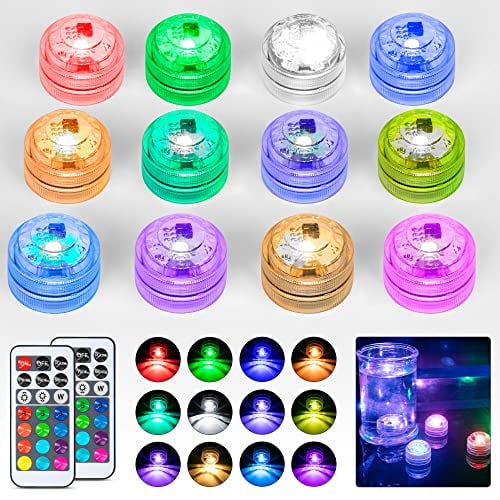 Mini LED Lights with Remote, RGB Multicolor Flameless Candles Submersible Lights, 12 Pack Waterproof Battery Small Underwater Tea Lights for Vases, Lantern, Pools, Ponds, Aquariums, Decorations