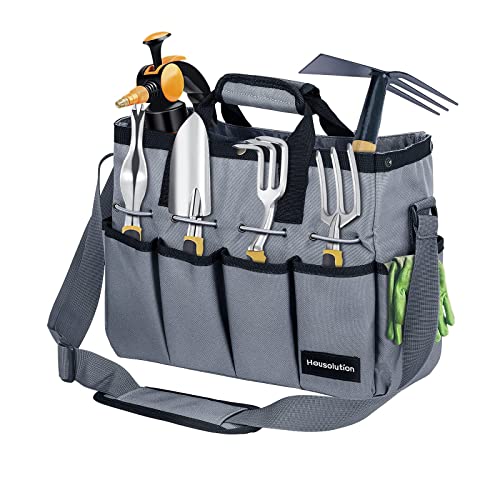 Housolution Garden Tote Bag, 900D Gardening Tool Bag, Garden Tote Storage Bag with Pockets & Long Adjustable Shoulder Strap, Home Tools Organizer Garden Tool Kit Holder, Standable, 14 Inch, Gray