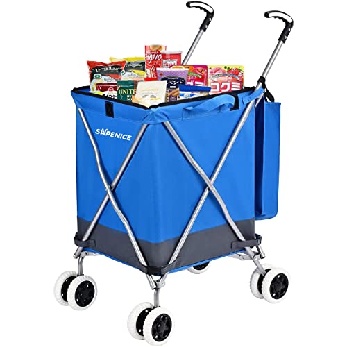 Supenice Folding Grocery Shopping Cart Rolling Utility Cart with 360 Double Front Swivel Wheels Waterproof Removable Canvas Bag with Cover for Laundry Grocery, Shopping, Baggage, Picnic (Blue)