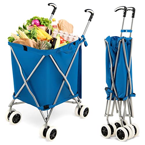 Folding Shopping Utility Cart, Waterproof Shopping Cart with Wheels, Grocery Cart with Removable Oxford Cloth Liner, Lightweight Utility Cart for Groceries Laundry (Blue)