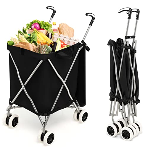 Goplus Folding Shopping Cart with Wheels, Grocery Cart with Removable Oxford Cloth Liner, Lightweight Utility Cart for Groceries Laundry