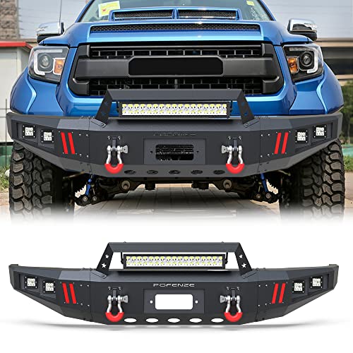 POFENZE Front Bumper Bar with Winch Plate for Toyota Tundra 2014-2021 Textured Black Bumper with D-ring and 144W Long Light Bar