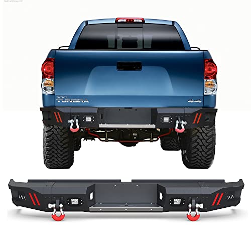 POFENZE Rear Bumper Bar with Antiskid Plate, Textured Black Bumper Bar with 2x18W LED Lights for Toyota Tundra 2007-2013