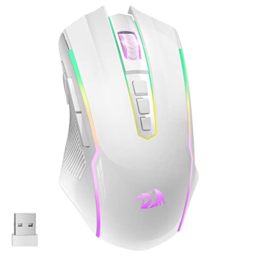 Redragon Wireless Gaming Mouse with RGB Backlit, 8000 DPI, Mouse Gaming with Fire Button, Macro Editing Programmable Mouse Gamer,70Hrs for Windows/Mac, Rechargeable, White, M910-WS