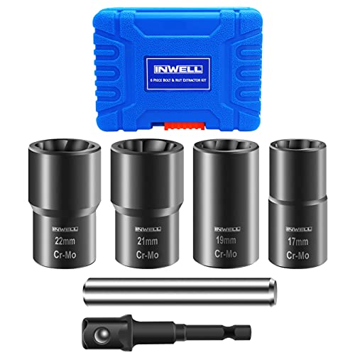 Inwell 6 Piece Bolt Nut Extractor Set,1/2 Inch Drive Lug Nut Remover Tool,Wheel Lock Removal Kit,Easy Out Broken Lug Nut tools,for Damaged,Frozen,Studs,Rusted,Rounded-Off Bolts&Nuts Screws