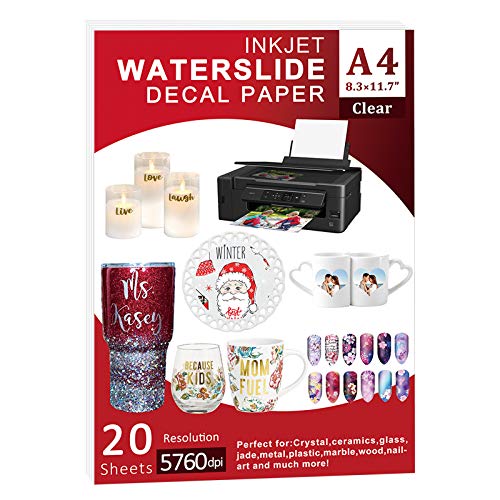 Waterslide Paper-20 sheet Inkjet Water Slide Paper,A4 Size clear waterslide paper for DIY Decals Gift Crafts Ceramics Candles and Custom Tumblers, waterslide decal paper (The packaging may be blue)