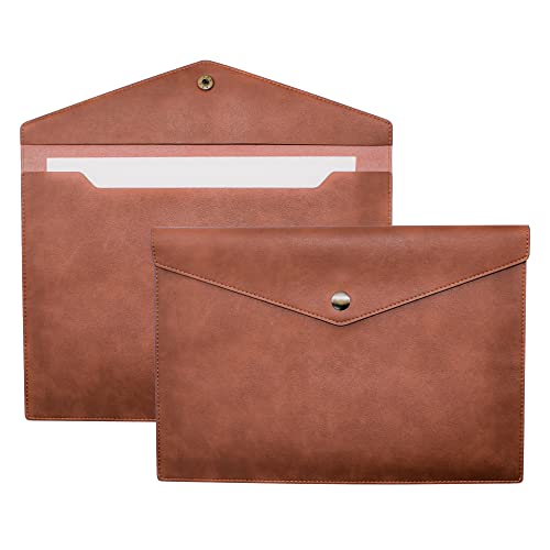 VANRA 1 Piece PU Leather File Folders A4 Document Holder File Envelope Waterproof Portfolio Filing File Organizer for Letter Size with Snap Button Closure, Brown