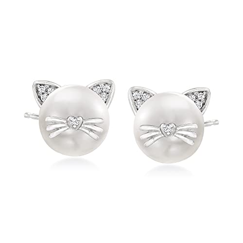 Ross-Simons 8-8.5mm Cultured Pearl Cat Earrings with Diamond Accents in Sterling Silver