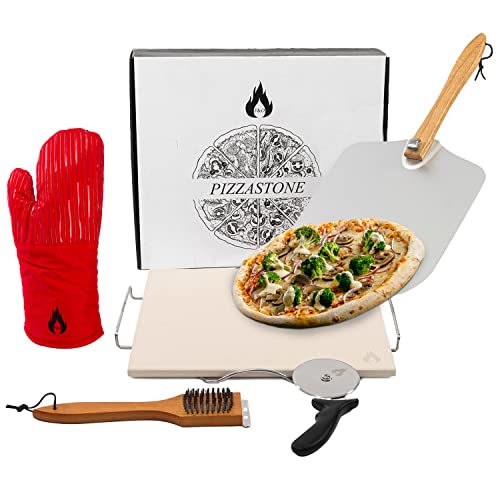 FIRE AND OAK Pizza Stone for Oven & Grill (Set of 6 Pcs) - 15 x 12" - Large Baking Stone incl. Pizza Paddle, Stone Rack, Brush, Glove & Pizza Cutter