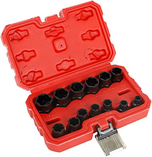 TYFYB 13pcs Impact Bolt Nut Removal Extractor Socket Tool Set 8-19mm Twist Socket Set,Bolt Remover Tool Set with Hex Adapter for Remove Damaged, Frozen, Rusted Rounded-Off Bolts Nuts & Screws