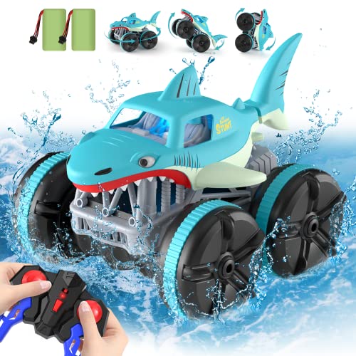MaxTronic Remote Control Car Amphibious, 2.4 GHz 4WD 1:14 Scale All-Terrain Waterproof Remote Control Monster Truck, RC Boat Shark Car Toys for 3-12 Years Old Boys Girls