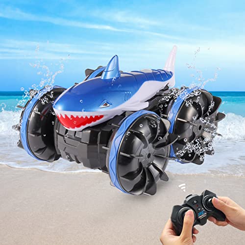 qida Amphibious RC Car Shark, Pool Toys Waterproof for Boys Age 5+, 2.4 GHz Remote Control Monster Truck fits All Terrain, 360 Rotating RC Boat Gifts for Kids on Birthday, Children's Day, Christmas
