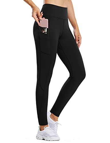 BALEAF Women's Fleece Lined Water Resistant Legging High Waisted Thermal Winter Hiking Running Pants Pockets Black Medium
