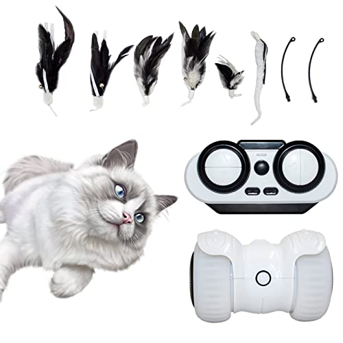 CreateSweet Remote Control Cat Car Toys, Interactive Cat Feather Toys, Automatic Car Toy for Cat Play, Electric Pet Smart Toys for Cat Exercise Chasing Hunting, 360 Rotating Colorful Spinning Light