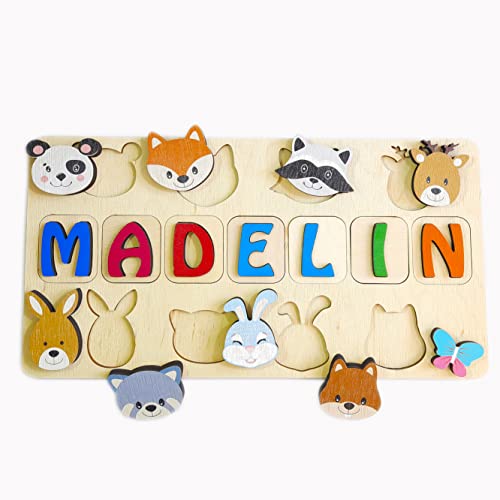 Personalized Name Puzzle for Toddlers,Christmas Gift for Kids Name Sign for Baby Girl & Boy, Early Learning Educational Wooden Blocks Letters Natural Toys, 1st Birthday, Baby Shower Gift, Busy Board