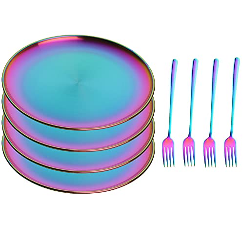 JYJFGSFA Rainbow Stainless Steel Dinner Plates Set with Fork, Set of 8, Colorful Metal Dessert Salad Plates for Eating Dinner Camping, Unbreakable and Reusable Kids Platter Indian Dishwasher Safe