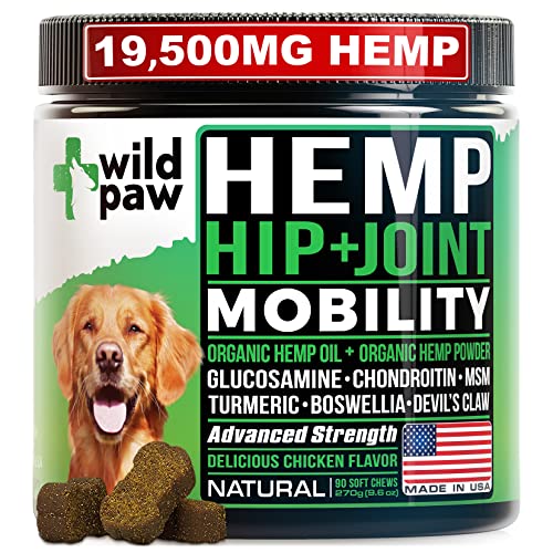 WILDPAW Organic Hemp Dog Treats for Hip and Joint Support - Soft Chew Supplements with Glucosamine, Turmeric, Chondroitin, MSM, Hemp Oil + Powder - Natural Pain Relief and Improved Mobility