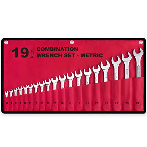 19-Piece Complete Metric Combination Wrench Set in Roll-up Pouch, No Skipped Metric Sizes 6mm - 24mm | Best Value Wrench Set, Ideal for General Household, Garage, Workshop, Auto Repairs, Emergency