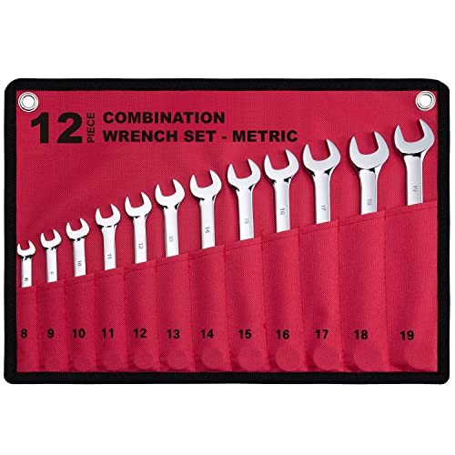12-Piece Metric Combination Wrench Set in Roll-up Pouch, Non-Skip Sizes 8mm - 19mm | Chrome Vanadium Steel with Mirror Finish | Ideal for General Household, Garage Workshop, Auto Repairs and Much More