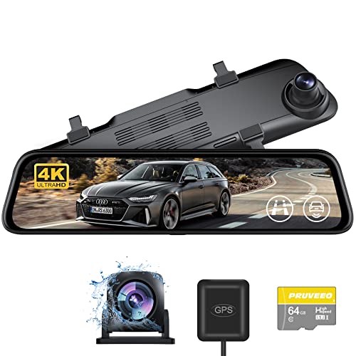 PRUVEEO 4K UHD Mirror Dash Cam, 12'' Rear View Mirror Camera, Dual Dash Cameras Front and Rear, Smart Driving Assistant w/BSD and LCA, Super Night Vision, Parking Monitor, GPS, 64GB Card & Type-C