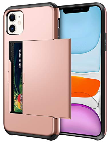 SAMONPOW Wallet Case for iPhone 11 Case with Card Holder Dual Layer Hybrid Shell Heavy Duty Protection Shockproof Anti Scratch Soft Rubber Bumper Cover Case for iPhone 11 6.1 inch Rose Gold