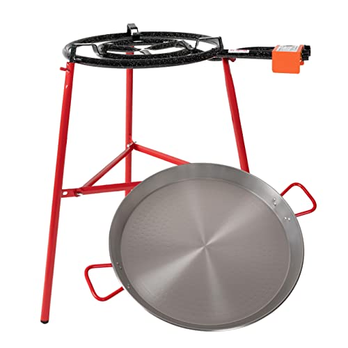 Machika Mirador Set Paella Kit with 24-inch Carbon Steel Pan| 12 in 20 in Double Ring Paella Burner and Stand Set (33.5 in)| Grill Set Perfect for Gastronomic Events, Caterings, Camping| 19 Servings |