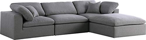 Meridian Furniture Serene Collection Modern | Contemporary Deluxe Cloud-Like Comfort Modular Sectional, Soft Linen Textured Fabric, Down Cushions, 2 Corner + 1 Armless + 1 Ottoman, Grey