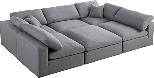 Meridian Furniture Serene Collection Modern | Contemporary Deluxe Cloud-Like Comfort Modular Sectional, Soft Linen Textured Fabric, Down Cushions, 2 Corner + 3 Armless + 1 Ottoman, Grey