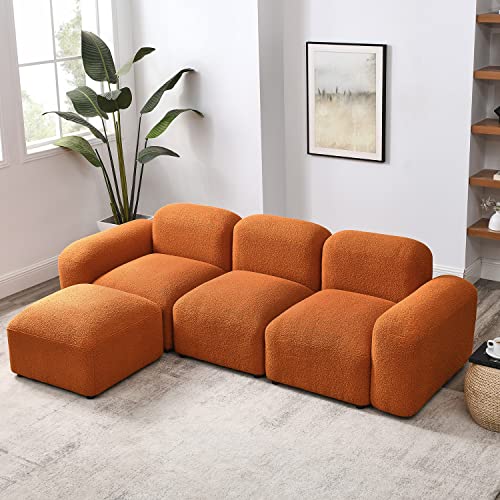 kevinplus 94.5'' Modular Sectional Couch with Convertible Chaise Ottoman for Living Room, Modern Cute Futon Cloud 3-Seat L-Shape Sectional Sofa Couch, Loop Yarn Fabric, Orange