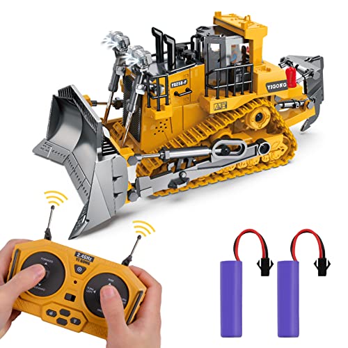T.V.V.Fashy Remote Control Bulldozer RC 1/16 Full Functional Construction Vehicle, 2.4Ghz 9 Channel Dozer Front Loader Toy with Light and Sound for Kids