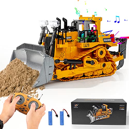 FUUY RC Bulldozer Construction Toy, Realistic Remote Control Bulldozer with Light Sound Metal Shovel Ripper RC Loader Building Toys for Kids 3 4 5 6 7 Years Old Birthday Gifts RC Dozer Toys for Boys