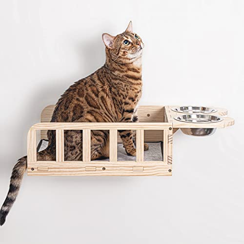 Yiotl Wall Mounted Wood Cat Shelf Bed with Two Bowls Wood Cat Feeder Shelf Wall Cat Bowls Indoor Cat Playing Platform Cat Perch Bed with Mat
