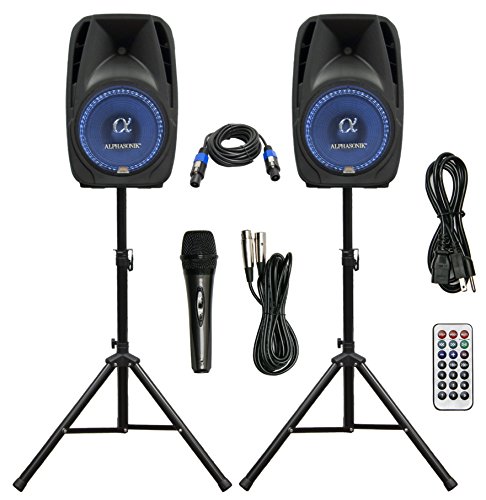 Pair Alphasonik All-in-one 15" Powered 2500W PRO DJ Amplified Loud Speakers with Bluetooth USB SD Card AUX MP3 FM Radio PA System LED Lights Karaoke Mic Guitar Amp 2 Tripod Stands Cable and Microphone