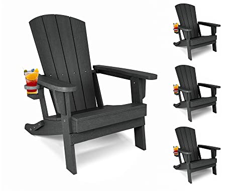 MARVOWARE 4 Pack Folding Adirondack Chair with Cup Holder for Outdoor Patio Lawn Fire Pit Backyard Deck, HDPE Plastic Oversize Composite Chairs Weather Resistant Black