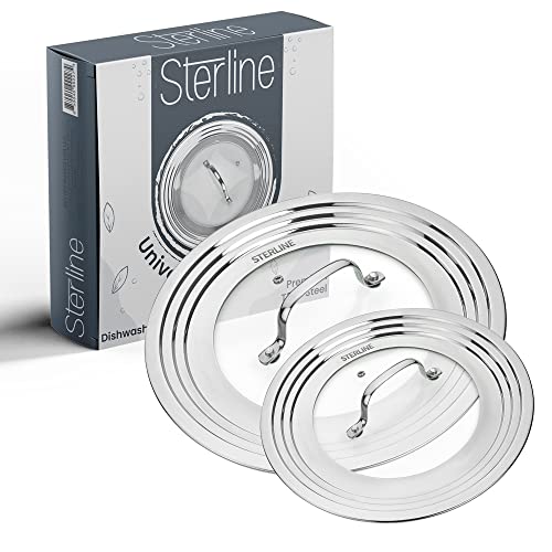 Sterline Universal Lids Set with Tempered Glass Top - Fits 5-12 Inch Pots, Pan, and Skillets - Set of 2, Large and Small, Stainless Steel Replacement Pot Lid for Kitchen Organizing, Space Saving