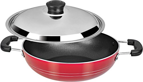Non-Stick Coating Kadai / Fry Pan with Steel Lid 2.6 mm(Red) ,Valentine Day Gifts
