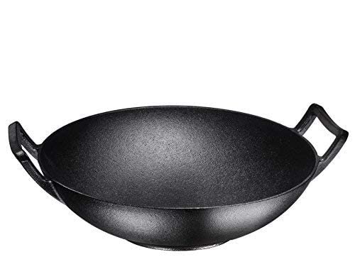 BlackBruntmor 14 inch Traditional Cast Iron Wok with Large Loop handle, Suitable for Stovetop, iron bowl for cooking, Non-stick Deep fry pan, Compatible for oven and Stovetop,Black