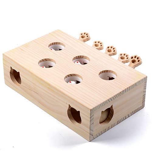 FOOPOMARY Cat Toys, Whack A Mole Solid Wood Box Interactive Cat Toys for Indoor Cats Kitten Dog Puppy Pet Puzzle Play Fun Catch Mice Game, 5 Hole/Wooden