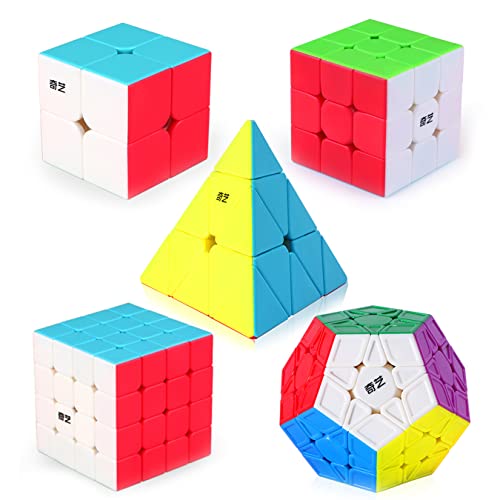 Roxenda Speed Cube Set, Speed Cube Bundle of 2x2x2 3x3x3 4x4x4 Megaminx and Pyramid Cube Smoothly Magic Cube Collection for Kids & Adults [5 Pack] (Stickerless)