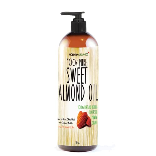 Molivera Organics Sweet Almond Oil 16 fl oz. 100% Pure and Natural, Cold Pressed Moisturizer for Skin and Hair