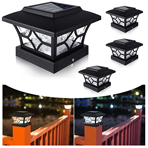 VOLISUN Solar Post Cap Lights,4Pack Outdoor Fence Post Cap Lights,Vinyl Fence Post Solar Lights White/Black Solar Powered Deck Post Lights for Dock Waterproof 2 Color Modes,4x4/6x6 Wooden/Vinyl Posts