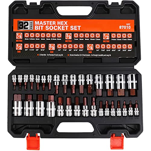 HORUSDY Master Hex Bit Socket Set, 32-Piece 1/4", 3/8", & 1/2" Drives Premium Allen Socket Set, S2 Alloy Steel, SAE and Metric Set wich Case