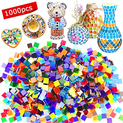 Csdtylh 1000 Pcs Mosaic Tiles, Glass Mosaic Tiles for Crafts Bulk, Stained Mosaic Glass Pieces, Mosaic Supplies for Home Decoration, Art Crafts, DIY Projects, Transparent (Square)