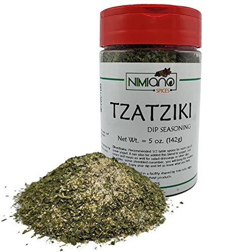 Nimiano Brand Tzatziki Dip Seasoning using Traditional Greek Flavor Freshly Packaged in 5oz (142g) PET Shaker Jar | Great for Dips, Yogurt and Salads | Vegan