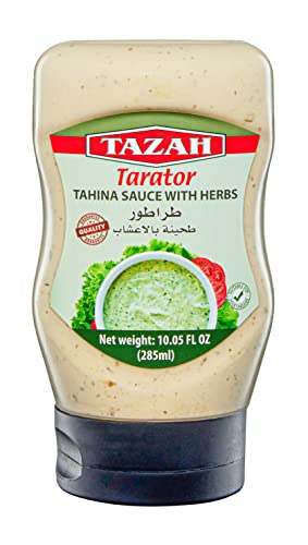 Tazah Lebanese Tahini Sauce with Herbs, 10 Fl Oz Squeezable Bottle Tarator Flavorful Sesame Dressing with Garlic Thyme Oregano Perfect for Shawarma Falafel Fish Vegetables