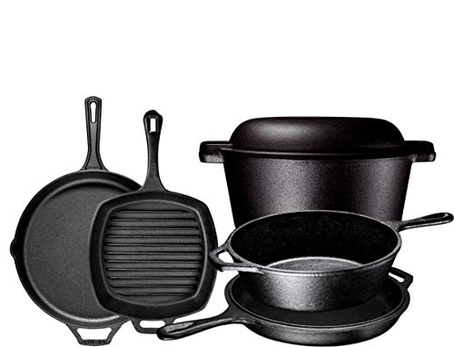 Bruntmor Pre Seasoned Cast Iron 6 Piece Pots And Pans set, Double Dutch Oven Crockpot, Cooking Set, Cast Iron Skillets & Square Grill Pan |Outdoor Camping Cookware| Pioneer Woman Kitchen Accessories