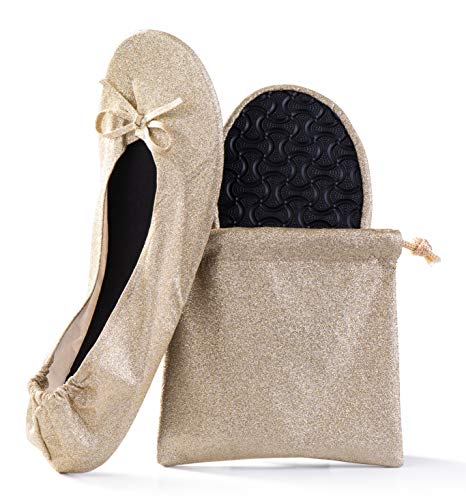 Women's Glitter Foldable Ballet Flat Roll Up Slipper Shoes (Gold-Sparkle, Medium)