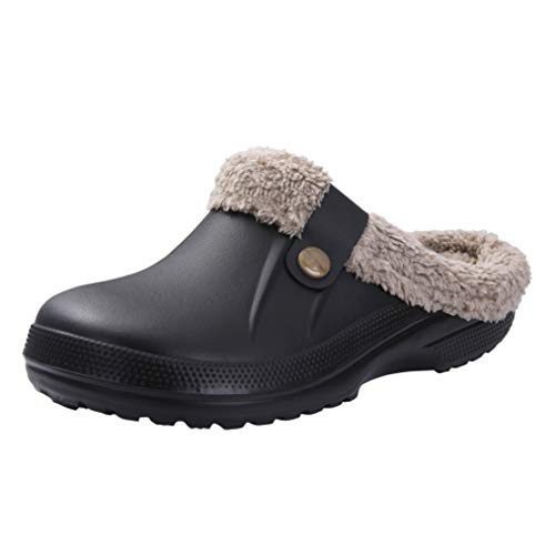 Beslip Classic Fur Lined Clogs Waterproof Winter Fuzzy Slippers for Women Men Indoor and Outdoor Indoor and Outdoor, Black and Khaki Women Size 8.5-9