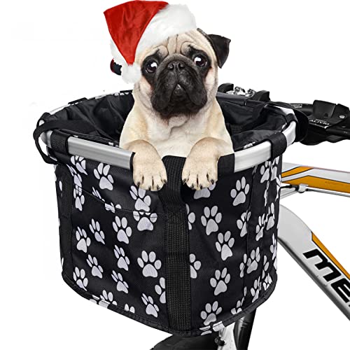 Lineslife Detachable Bike Basket, Folding Small Bicycle Basket, Multi-Purpose Front Handlebar Bicyle Carrier for Pet Dog, Black Footprints