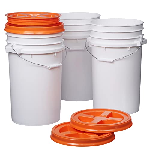 Consolidated Plastics 7 Gallon White Food Grade Buckets + Orange Gamma Seal Lids, BPA Free Container Storage, Durable HDPE Pails, Made in USA (3 Pack)